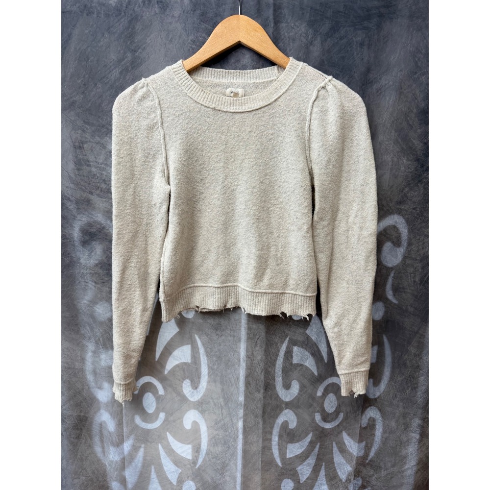 Aerie Oatmeal Beige Puff Shoulder Distressed Hem Crewneck Sweater XS